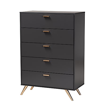 Baxton Studio Kelson 5-Drawer Chest, 46-1/8”H x 32-1/2”W x 15-3/4”D, Dark Gray/Gold