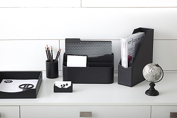 Realspace Black Faux Leather Paper Tray, Black Leather Desk Letter Tray