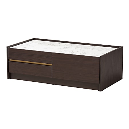 Baxton Studio Walker Coffee Table, 13-7/16?H x 41-1/4?W x 21-5/8?D, Dark Brown/Gold/Marble