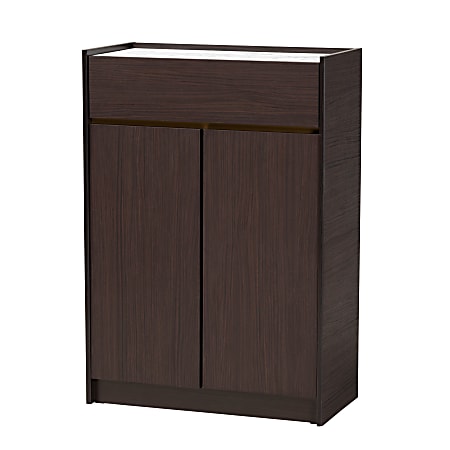 Baxton Studio Walker 28"W Shoe Cabinet With Faux Marble Top, Dark Brown/Gold