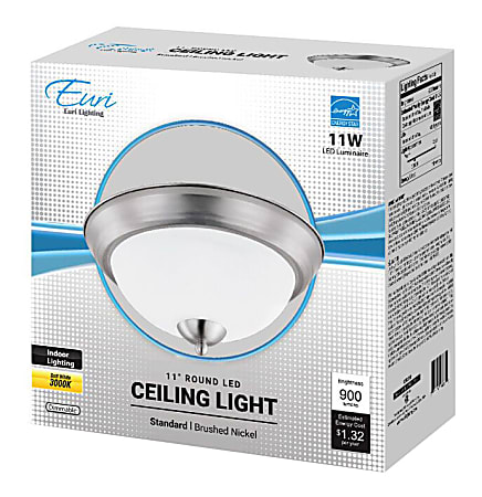 Euri Indoor Round LED Ceiling Light Fixture, 11", Dimmable, 3000K, 11 Watts, 900 Lumens, Brushed Nickel/Etched Glass