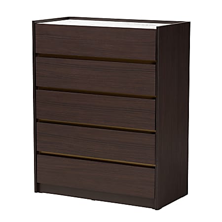 Baxton Studio Walker 5-Drawer Chest, 39-7/16”H x 31-1/2”W x 15-3/4”D, Dark Brown/Marble/Gold