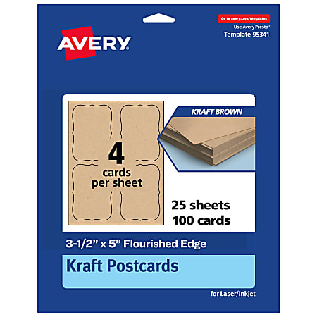 Avery® Printable Postcards, 3-1/2" x 5" Rectangle Flourished Edge, Kraft Brown, Pack Of 100