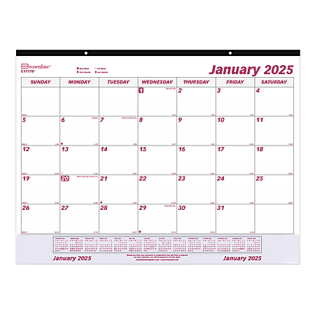 2025 Brownline Monthly Desk Pad Calendar, With Vinyl Strip, 22" x 17", Burgundy/White, January to December, C1731V