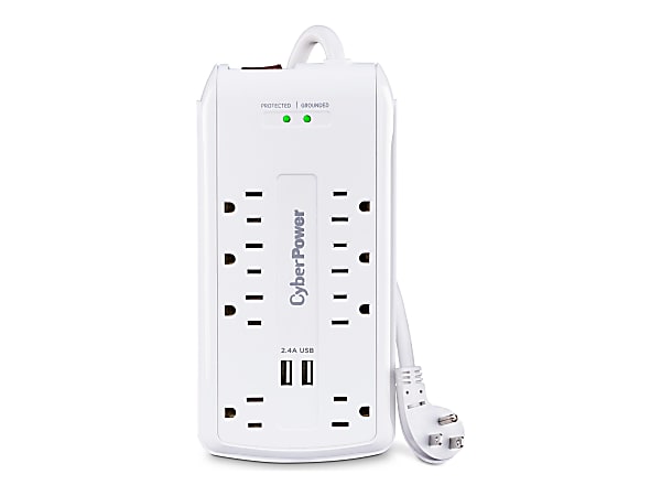 CyberPower CSP806U Professional 8 - Outlet Surge with 3000 J - Clamping Voltage 600V, 6 ft, NEMA 5-15P, 15 Amp, 2 - 2.4 Amps (Shared) USB, EMI/RFI Filtration, White, RG6 Coaxial Protection, Lifetime Warranty