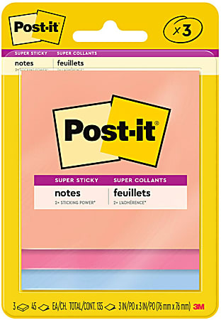 Post-it Super Sticky Notes, 3 in. x 3 in., Summer Joy Collection, 3 Pads/Pack, 45 Sheets/Pad