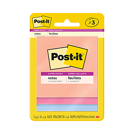 Post-it® Super Sticky Notes, 3 in. x 3 in., Summer Joy Collection, 3 Pads/Pack, 45 Sheets/Pad