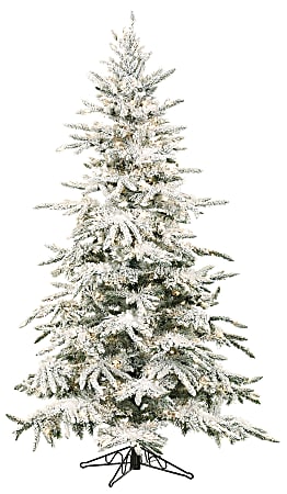 Fraser Hill Farm 7 1/2" Mountain Pine Flocked Artificial Christmas Tree With Clear LED String Lighting, White/Black