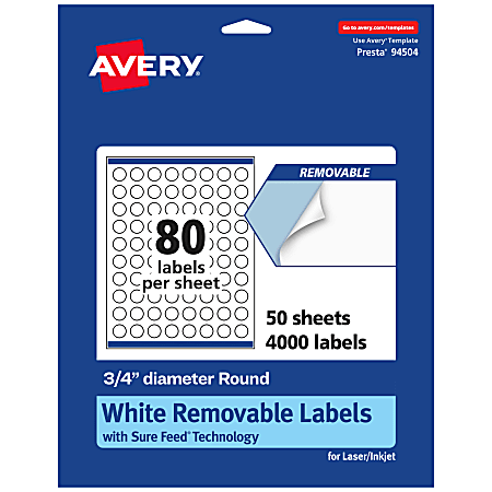 Avery® Removable Labels With Sure Feed®, 94504-RMP50, Round, 3/4" Diameter, White, Pack Of 4,000 Labels