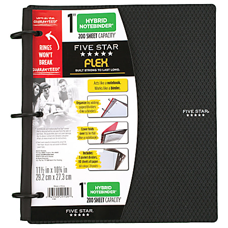 Five Star® Flex® Hybrid NoteBinder® With Customizable Cover, 1" Round Rings, Black