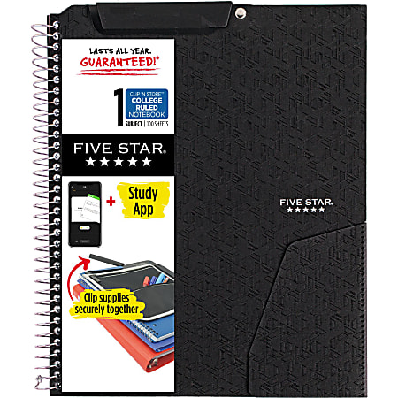 Five Star® Clip 'N Store Wire-Bound Notebook, 8-1/2" x 11", 1-Subject, College Ruled, 100 Sheets, Black