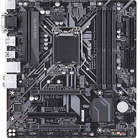 Gigabyte B360M-D3H-GSM Desktop Motherboard - Intel Chipset - Socket H4 LGA-1151 - Micro ATX - Core i7 Processor Supported - 64 GB DDR4 SDRAM Maximum RAM - UDIMM, DIMM - 4 x Memory Slots