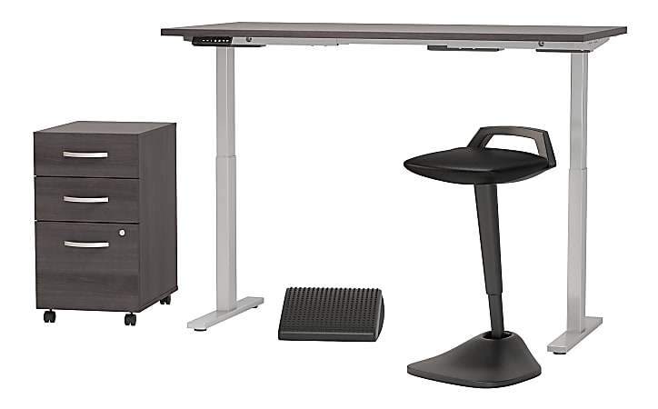 Bush Business Furniture Move 60 Series 60"W x 30"D Adjustable Standing Desk with Lean Stool Storage and Ergonomic Accessories, Storm Gray, Standard Delivery