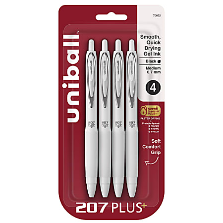 Uni-Ball 207 Plus+ Retractable Gel Pens, Medium Point, 0.7 mm, White Barrels, Black Ink, Pack of 4 Pens