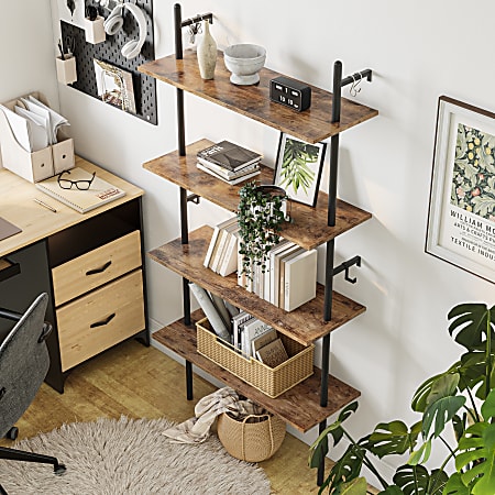 Bestier Industrial 66 H 4 Tier Wall Mounted Ladder Shelf With 2 Hooks 32 W Rustic Brown ODP Business Solutions