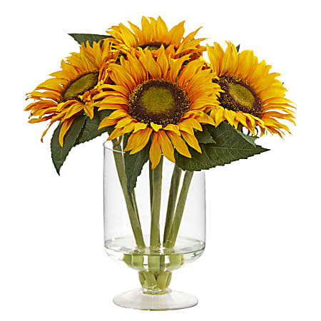 Nearly Natural Sunflower 12”H Artificial Floral Arrangement With Glass Vase, 12”H x 11”W x 11”D, Yellow