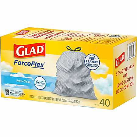 Glad ForceFlex Tall Kitchen Drawstring Trash Bags With Febreze Freshness 13  Gallon White 80 Per Box Carton Of 3 Boxes - Office Depot