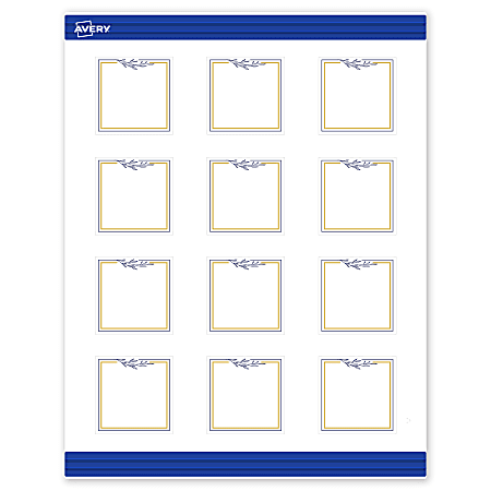 Avery® Print-To-The-Edge Cards With Sure Feed®, S00-DNN-PRMWC10, 2" x 2", Matte White, Preprinted Gold & Navy Border with Floral Design, Pack Of 120