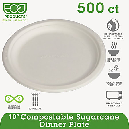 Eco-Products Sugarcane Plates - 10" Diameter Plate - Sugarcane Fiber Plate - Microwave Safe - 500 Piece(s) / Carton
