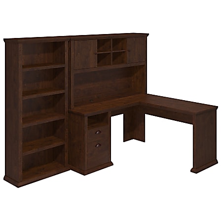 Bush Furniture Yorktown 60"W L-Shaped Desk With Hutch And 5-Shelf Bookcase, Antique Cherry, Standard Delivery