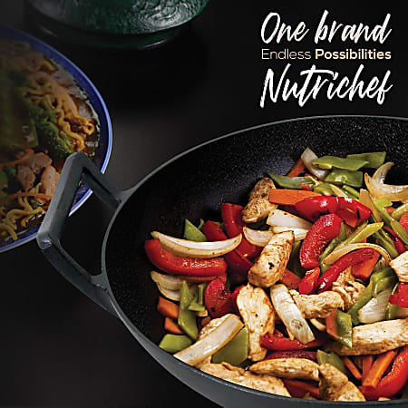 NutriChef Pre Seasoned Cooking Wok Cast Iron Stir Fry Wok with Wooden Lid 2  Pieces Cooking Frying Oven Safe Black Cast Iron Metal Silicone Body Wood  Lid 1 - Office Depot