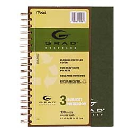 Mead® Grad® 30% Recycled Wirebound Notebook, 6" x 9 1/2", 3 Subjects, College Ruled, 138 Sheets