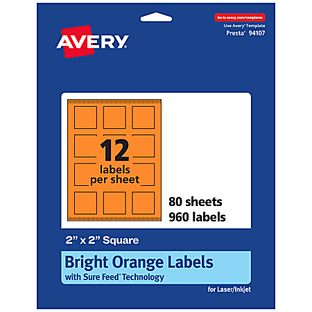 Avery® Print-To-The-Edge Labels With Sure Feed® Technology And Easy Peel®, 94107-BOP80, Square, 2" x 2", Matte Bright Orange, Pack of 960