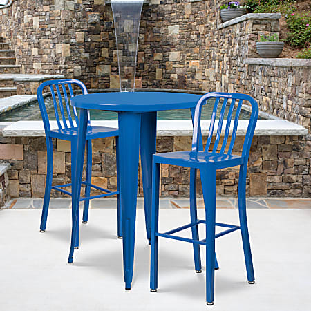 Flash Furniture Commercial-Grade Round Metal Indoor-Outdoor Bar Table Set With 2 Vertical Slat-Back Stools, 41"H x 30"W x 30"D, Blue
