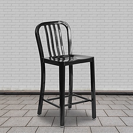Flash Furniture Commercial-Grade Indoor/Outdoor Counter-Height Stools With Vertical Slat Backs, Black, Set Of 2 Stools