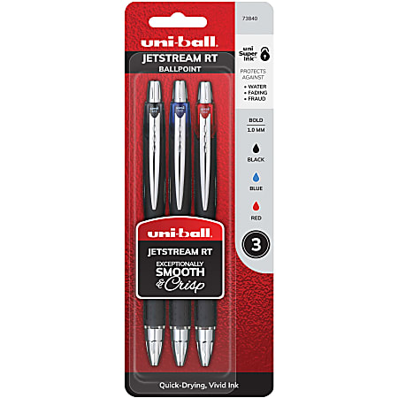 uni-ball® Jetstream™ RT Retractable Ballpoint Pens, Bold Point, 1.0 mm, Black Barrels, Assorted Ink Colors, Pack Of 3