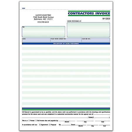 Custom Carbonless Business Forms, Pre-Formatted, Contractors Invoice Forms, Ruled, 8 1/2” x 11”, 3-Part, Box Of 250