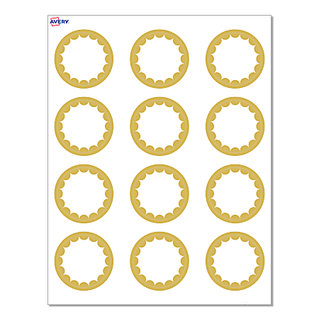 Avery® Print-To-The-Edge Cards With Sure Feed® Technology, S00-D1X-PRMWC10, Round, 2", Matte White, Preprinted Gold Dots Edge Design, Pack Of 120