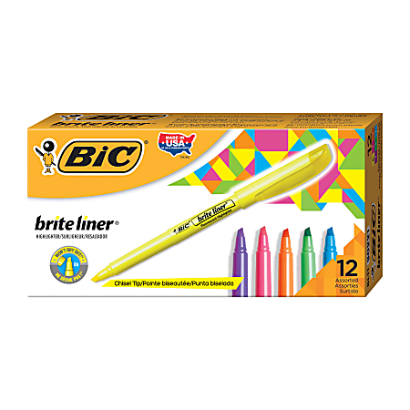 BIC Brite Liner Highlighters, Pocket Style, Chisel Tip, Assorted Colors, Box Of 12