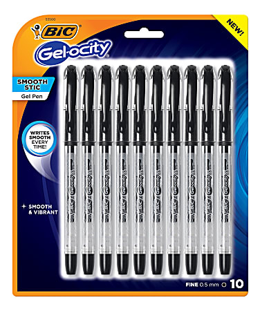 BIC® Gel-ocity Stic Gel Pens, Extra Fine Point, 0.5 mm, Clear Barrel, Black Ink, Pack Of 10 Pens
