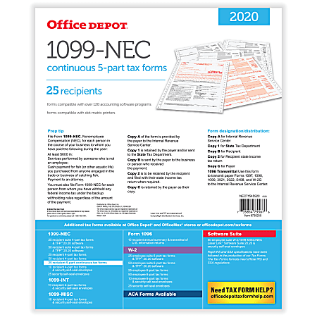 Office Depot® Brand 1099-NEC Continuous Tax Forms, 5-Part, 9" x 11