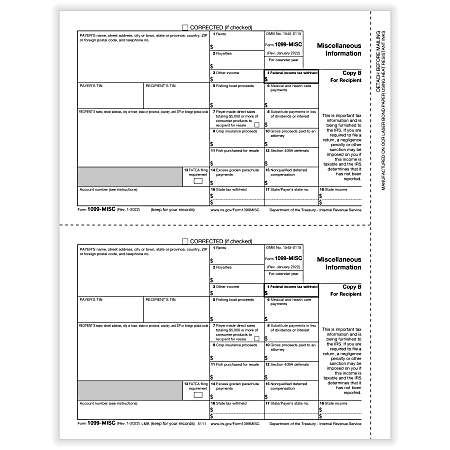 ComplyRight® 1099-MISC Tax Forms, Recipient Copy B, 2-Up, Laser, 8-1/2" x 11", Pack Of 100 Forms