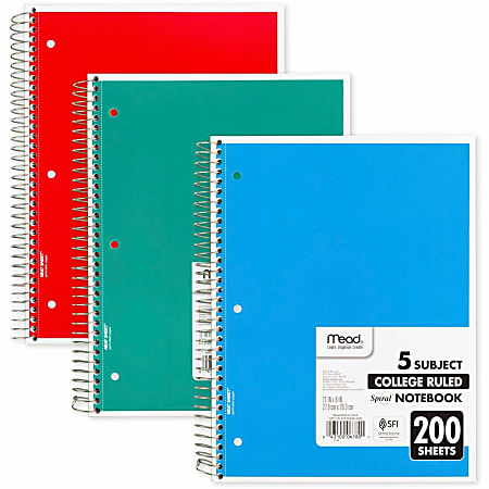 Mead® Wirebound Notebook, 8 1/2" x 11", 5 Subject, 200 Sheets, Assorted Colors