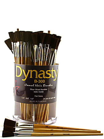 Dynasty Camel Hair Flat Paint Brushes B-300, Assorted Sizes, B-300, Flat Bristle, Camel Hair, Multicolor, Pack Of 72