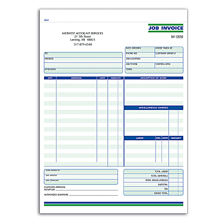 Custom Carbonless Business Forms, Pre-Formatted, Job Invoice