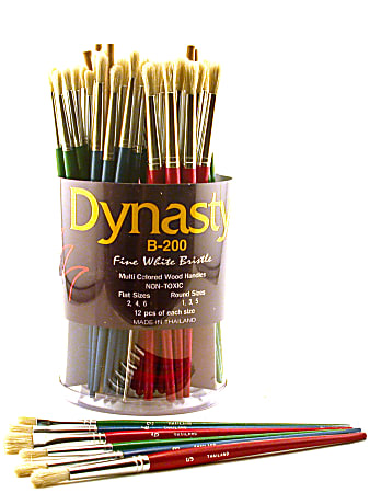 Dynasty Fine White Bristle Paint Brushes B-200, Assorted Sizes, Assorted Bristles, Multicolored, Pack Of 72