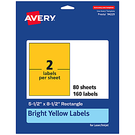 Avery® Printable Labels, 94229-BYP80, Rectangle, 5-1/2" x 8-1/2", Matte Bright Yellow, Pack of 160