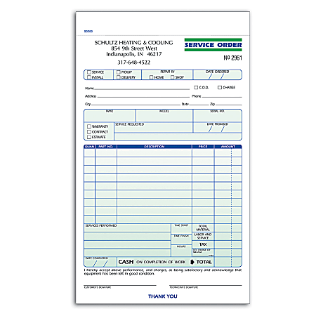 Custom Carbonless Business Forms, Pre-Formatted, Service Order