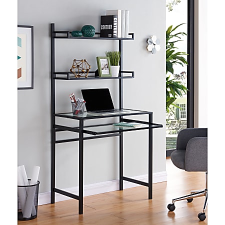 Southern Enterprises Brax Metal Glass Small Space 32"W Writing Desk With Hutch, Black