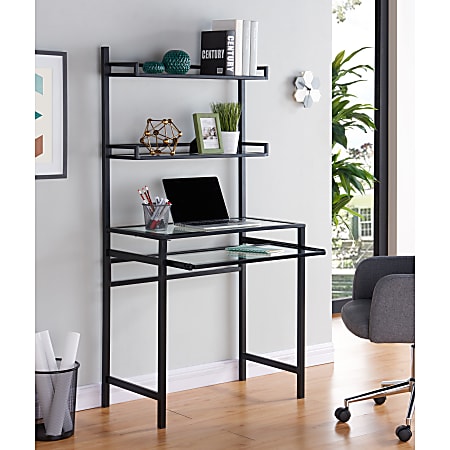 Southern Enterprises Brax Metal Glass Small Space Desk With Hutch, Black