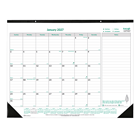 2027 Brownline EcoLogix Monthly Desk Pad Calendar, 22" x 17", 100% Recycled, Green/White, January to December, C177437, Total Qty 1