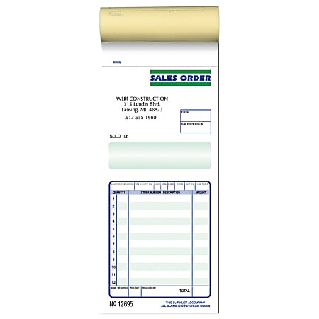 Custom Pre-Formatted 2-Part Business Forms, Sales Order Book, 3-3/8” x 7”, White/Canary, 50 Sets Per Book, Box Of 10 Books