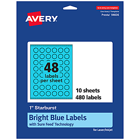 Avery® Print-To-The-Edge Labels With Sure Feed® Technology, 94606-BBP10, Starburst, 1", Matte Bright Blue, Pack of 480