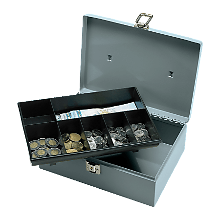 Sparco All-Steel Latch Lock Cash Box With Tray, 7 Compartments, 4" x 11" x 7 3/4", Gray