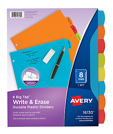 Avery® Big Tab™ Write & Erase Durable Plastic Dividers, 8 1/2" x 11", Multicolor Brights, 8-Tab