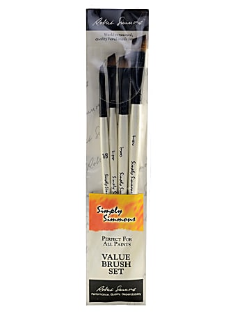 Robert Simmons Simply Simmons Value Paint Brush Set, Assorted Sizes, Angle Bristle, Synthetic, White, Set Of 4